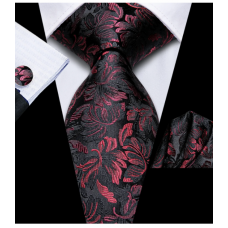 3delige set stropdas pochet manchetknopen zwart rood Bloemen 